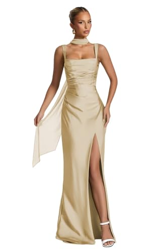Satin Bridesmaid Dresses with Scarf 2025 Spaghetti Straps Square Neck Mermaid Pleated Long Formal Dress OE64