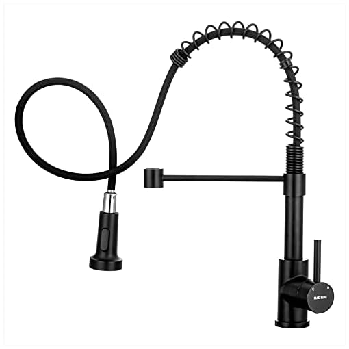 Faucet for Kitchen Sink, WEWE Kitchen Faucet Black Stainless Steel Commercial Spring Kitchen Faucet with Pull Down Sprayer, One Hole or 3 Hole Kitchen Faucet for RV Outdoor Farmhouse Camper Bar Sinks