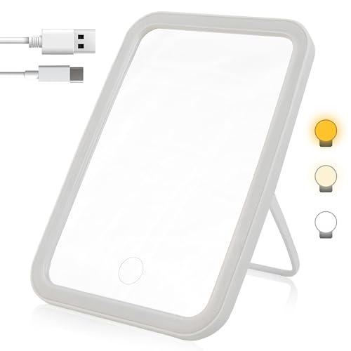 Specchio Trucco con Luce LED Regolabile – Bianco – Compatto, con Cavo USB-C – Illuminazione a Intensità e Temperatura Variabile – Design Elegante per Make-up, Bagno, Viaggi