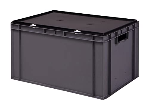 1a-TopStore Stabile Profi Aufbewahrungsbox Stapelbox Eurobox Stapelkiste mit Deckel, Kunststoffkiste lieferbar in 5 Farben und 21 Größen für Industrie, Gewerbe, Haushalt (grau, 60x40x33 cm)