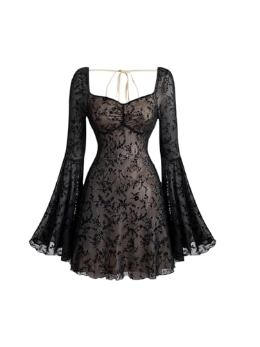 WDIRARA Women's Floral Jacquard Mesh Gothic Dress Bell Long Sleeve A Line Vintage Dresses Pure Black Small
