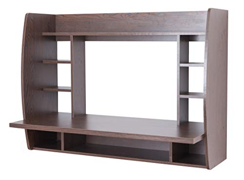 Image of Basicwise Wall Mount Laptop Office Desk with Shelves, Brown,