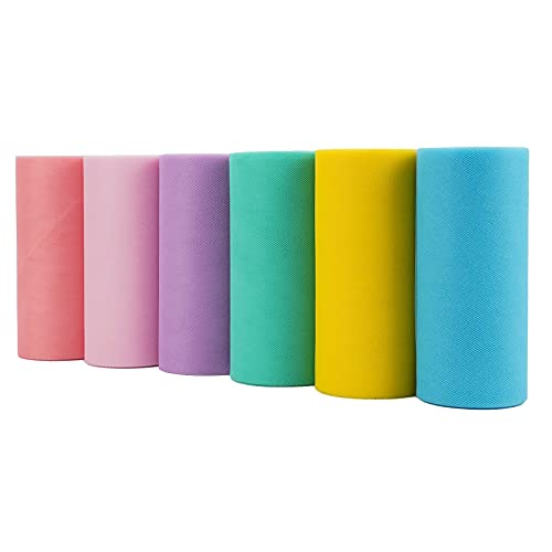 MEEDEE Pastel Tulle Ribbon 6 Rolls Tulle Fabric Spool Ribbon, 6 inch by 25 Yards/Spool, Perfect for Tutus DIY Wedding Table Skirt Rainbow Party Decorations Gift Wrapping