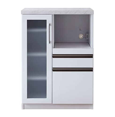キッチンカウンター レンジ台 食器棚 ロータイプ 幅70cm 大川家具 完成品 日本製 大理石調 モイス 背面化粧仕上げ - Aタイプ/ホワイト