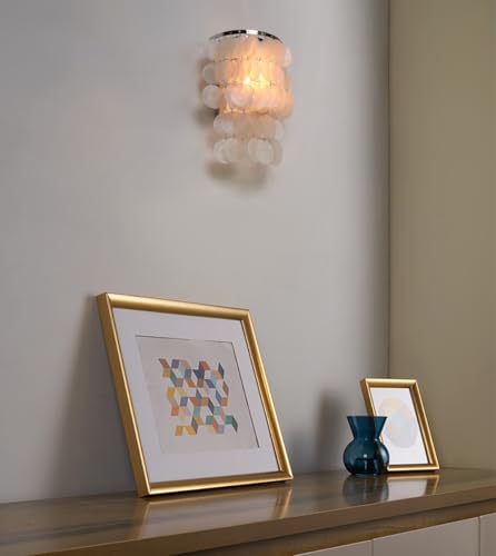 Image of Battery Powered Sconces Wall Lighting Fixture with Nature White Shell Shades, Wireless Tiered Seashell Wall Mounted Lamp for Bedside Nightstand Light Bedroom Hallway