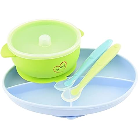 Yummy Baby Toddler Weaning Silicone Suction Divided Plate Bowl with Lid & Matching Spoon Set -Kids Placemat Stay Put Non Slip Feeding Dish BPA Free -(New Blue and Green) Cover