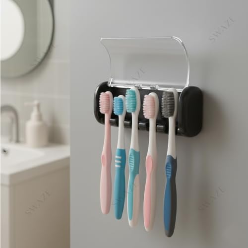 Image of Swaze Plastic Toothbrush Holder with Antibacterial Cover for Bathroom | 5-Slots Wall Mounted Toothbrush Holder with self Adhesive & Screw Options | Bathroom Organizer (Matte Black)