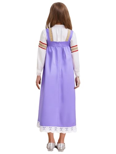 Child Girls Russian Ethnic Performance Dress Embroidered Blouse with Overalls and Headpiece White&Purple 8 Years2