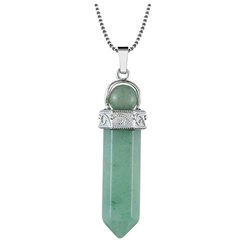 QGEM , Crystal Tears 7 Chakra Collar de dama Piedra preciosa Hexágono Punta Colgante Yoga Terapia de energía, Péndulo curativo con cadena (péndulo de aventurina verde)