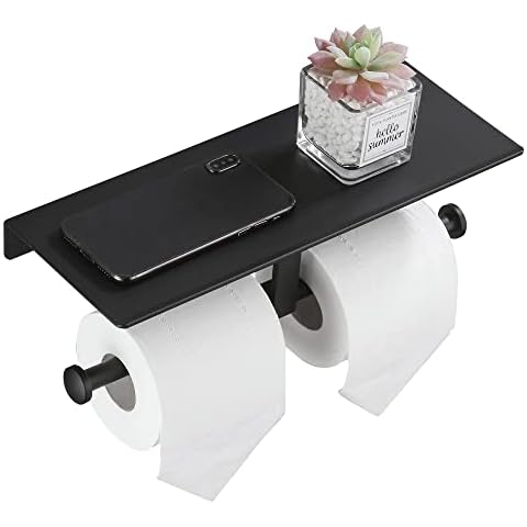 DUFU Toilet Roll Holder Wall Mounted Black Toilet Paper Holder with Shelf Aluminum Double Toilet Tissue Holder Paste No Drilling or Screw Installation for Bathroom Cover