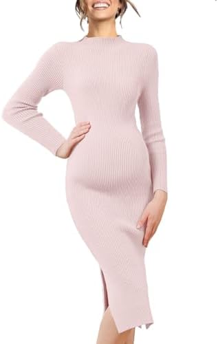 Maternity Sweater Dress Turtleneck Long Sleeve Side Slit Ribbed Bodycon Nursing Midi Dress Pregnancy Clothes