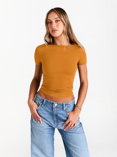 Image of Trendy Queen Womens Boat Neck Tops Short Sleeve Shirts | Compression Basic Tops,Y2K Aesthetic Slim Fit,Professional Business Casual, Polished Teacher Outfits