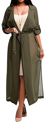 Begonia.k Women's Long Sleeve Chiffon Lightweight Maxi Sheer Duster Cardigan (Army Green, X-Large) #TOP5