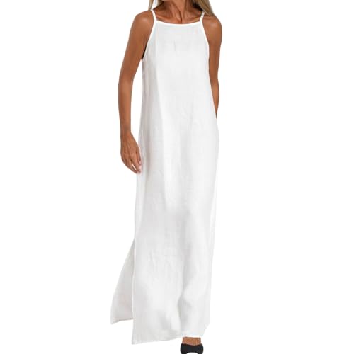 Maxikleid Damen Sommer A Linie Elegant Sommerkleider Leicht Und Luftig trägerkleid mit Beinschlitz Sommerkleid Lang Locker Strandkleid Ärmellos...