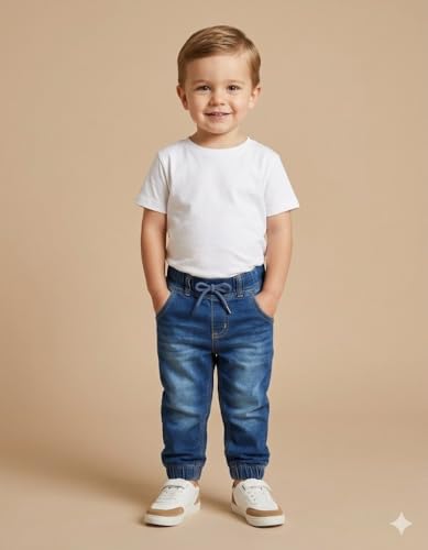 Image of A.T.U.N. (ALL THINGS UBER NICE) Boys Premium Cotton Jogger Jeans with Elastic Waist & Adjustable Drawstring | Soft Washed Denim Look Comfortable Bottom Wear for Kids