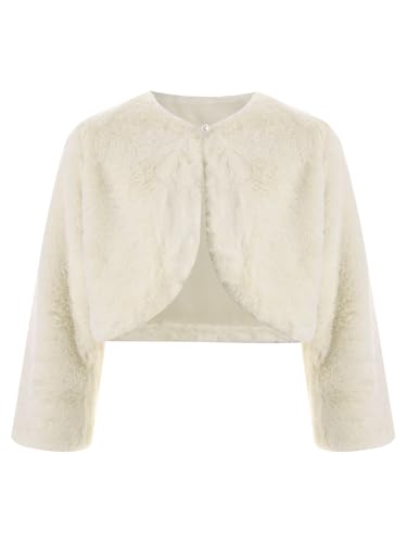 JanJean Kids Girls Faux Fur Bolero Shrug Crop Jacket Coat Long Sleeve Open Front Outerwear Party Wedding Dress Up