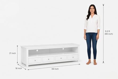 Image of Sheesham Solid Wood TV Cabinet for Living Room | Handcrafted Wooden TV Unit with Storage | Elegant Entertainment Stand for Modern Homes (4 Drawer Tv Cabinet, White)