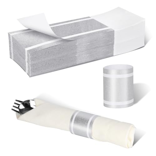Germiwipe Standard Paper Napkin Band, 200PCS Matte Silver Napkin Ring Self-Adhesive, Silverware Wraps Bands,Table Setup Wedding Event Party Supply (Matte Silver /200pcs)