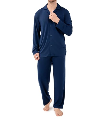 DAVID ARCHY Mens Pajamas Set 20D Milk Silk Notch Lapel Loungewear Long Sleeve Men Nightwear Top and Trouser Pj for Man (UK, Alpha, L, Regular, Regular, Pageant Blue)