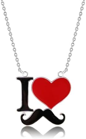 I Love Mustache Pendant Necklace for Women - Fashion Silver Plated Charm Link Chain Enamel Heart Necklace- Beautiful Enamel Color Hearts Jewelry