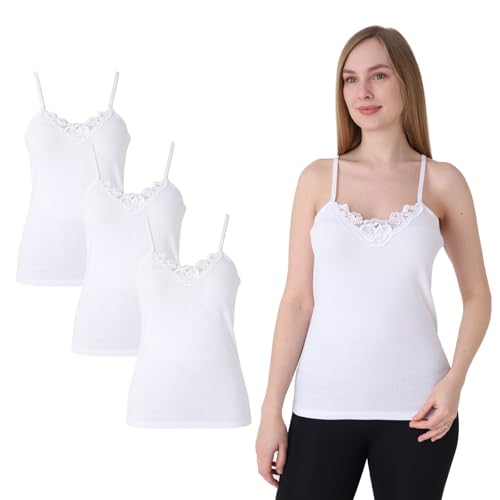 UNDEREA Damen Unterhemd 3er Pack 100% Baumwolle mit Spitze Weiches Atmungsaktives Spaghettiträger Top Unterziehshirt mit Femininem Ausschnitt für Alltag Freizeit & Homewear