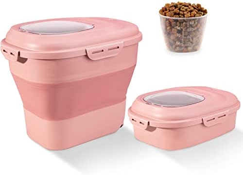 SUT Pink Dog Food Storage Container with lids,30 Lbs Collapsible Pet Cat Storage Container with Wheels, 50 Lbs Airtight Food Storage Containers for Cereal Flour Rice,Leakproof Sealable Dry Holder
