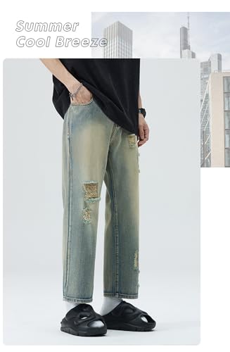 Jeans Pants Trouser Denim Spring Summer Straight Nine Point Piercing Street Handsome Casual Men3