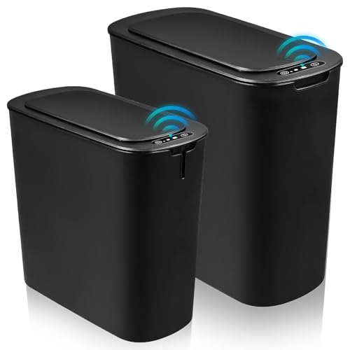 Image of 2 Pack Automatic Bathroom Trash Can 2.6 Gal & 6.1 Gal,Touchless Electric Garbage Can with Lid,Motion Sensor Smart Plastic Wastebasket,Slim Waterproof Trash Bin for Bedroom Office Kitchen (Black)