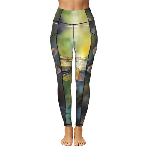 Leggings con bolsillos para mujer mallas de libélula pantalones elásticos cómodos 2