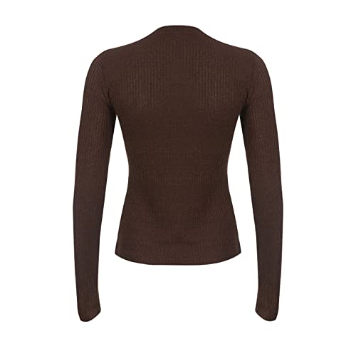 Women Ribbed Knit Lace Trim Henley Shirt Business Casual Long Sleeve Tops Vintage 80s 90s Shirts Y2K Streetwear (Brown, M)