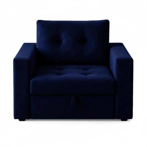 Image of FURNY Tressa 1 Seater Fabric Pull-Out Sofa Cum Bed (Dark Blue Color) - Premium Velvet Finish - Durable Comfort - Ideal for Living Room