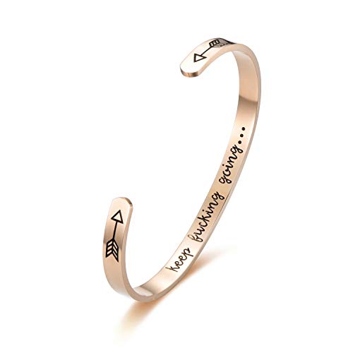 Inspirational Bracelets for Women Personalized Gift for Her Rose Gold Plated Keep Going Engraved Mantra Cuff Bangle Crown Birthday Jewelry