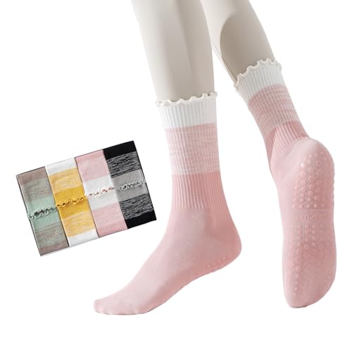 Image of 2 /4 Pairs Pilates Socks with Grips for Women,Cute Grippy Yoga Non Slip Ruffle Sock for Ballet Barre Barefoot Hospital Workout