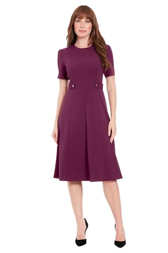 Image of London Times Women's Short Sleeve Crepe Fit and Flare Midi with Waist Button Detail