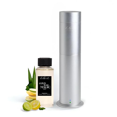 Aroma Scent Diffuser Starter Kit for Up to 1000SQ. FT. Coverage - 120ML Waterless Essential Oil Scent Included - Luxury Aroma Diffuser Ideal for Home, Office & Hotel (Silver, Gold Rush Magic)