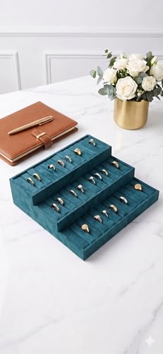 Image of Luxury Velvet Jewelry Organizer Tray for Watch Sunglasses Bangles Earrings Rings Chains Necklace & Others Storage Display Tray (Green, 3 Step Kada Green)