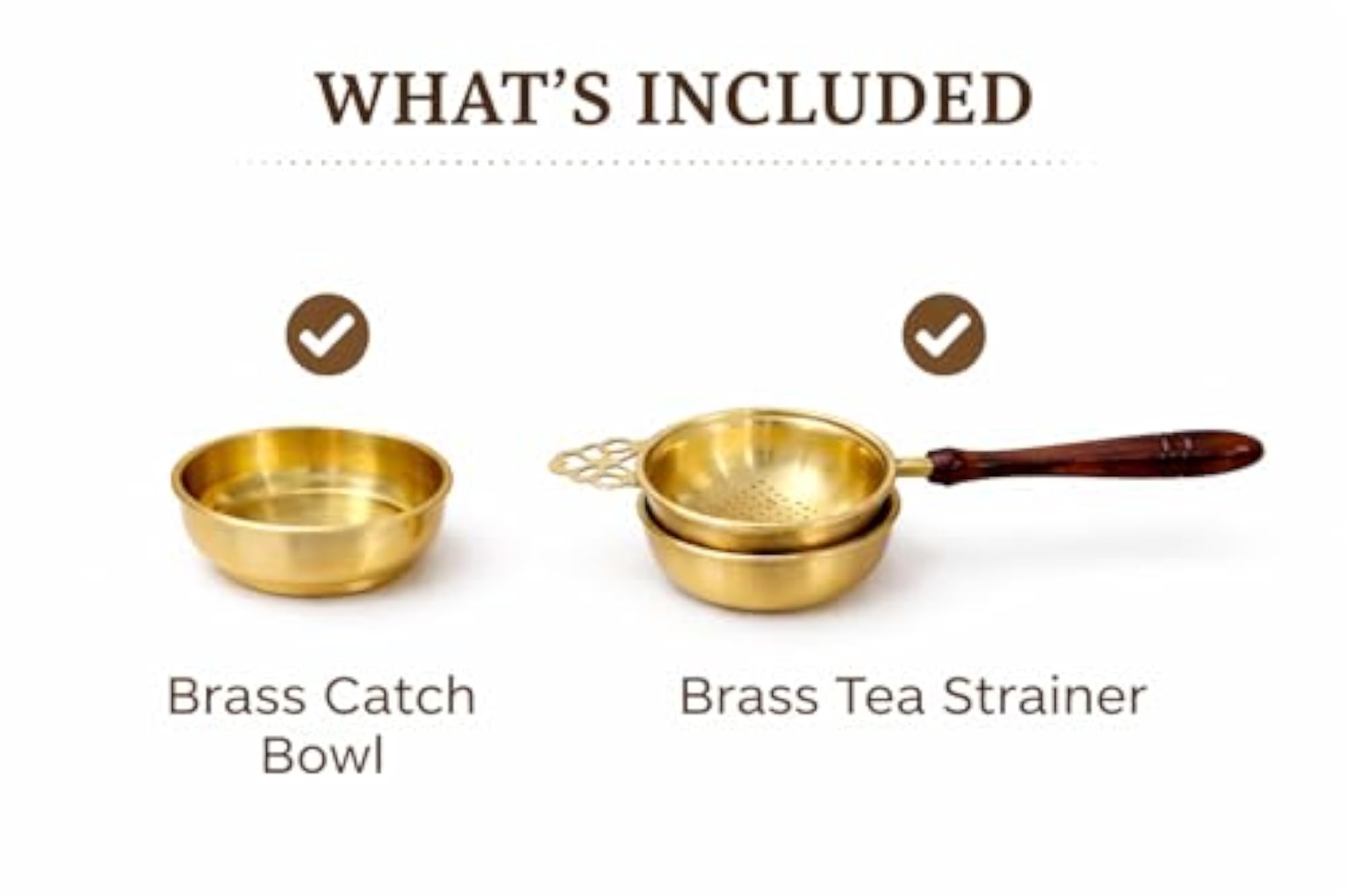 Brass Tea Strainer with Wooden Handle, Traditional Finish
