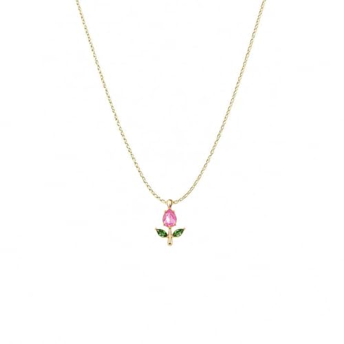 Image of Gold-Tone Rose Pendant Necklace for Women with Pink Crystal, Floral Charm Chain Stainless Steel Anti Tarnish Waterproof Hypoallergenic, Gift for Her