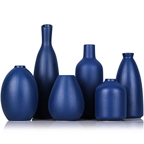 Blue Ceramic Vase – Set of 6 Blue Bud Vases, Modern Farmhouse Navy Blue Decorative Vases for Home, Office, Living Room, Table Decor – Ideal Centerpieces for Flowers, Shelf and Fireplace Accents