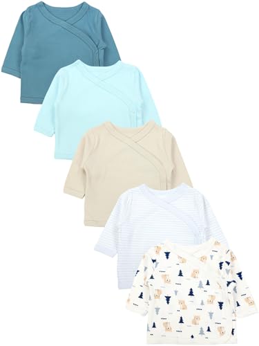 TupTam Baby Jungen Langarm Wickelshirt Baumwolle 5er Set, Farbe: Blau_Beige_Bären_Streifen, Größe: 56