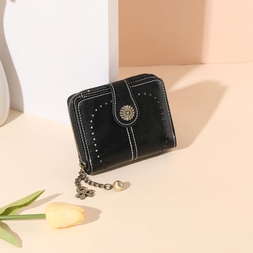 Small Genuine Leather Wallet for Women Bifold RFID Blocking with Zipper Coin Pocket (Black)2