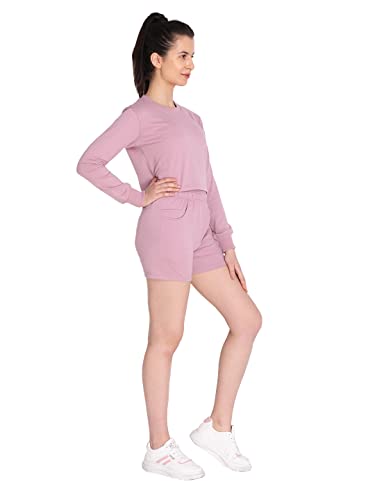 Image of CHKOKKO Women Solid Track Suit Crop Top Shorts Trackpant Co-ord Set