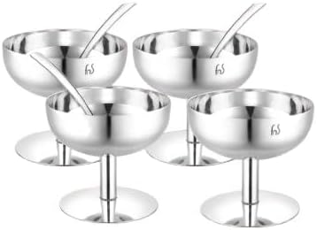 FNS Delight Stainless Steel Pudding Set For Serving Ice Cream, Fruit, Pudding, Snack (4 Dessert Cup And 4 Ice Cream Spoons), 0.14 liter