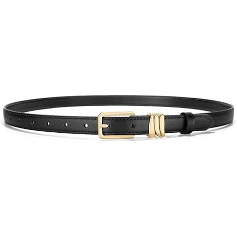 XZQTIVE Women Skinny Leather Belt Ladies Black Thin Waist Belt for Dresses Jeans Pants with Gold Buckle and Metal Loops Cover