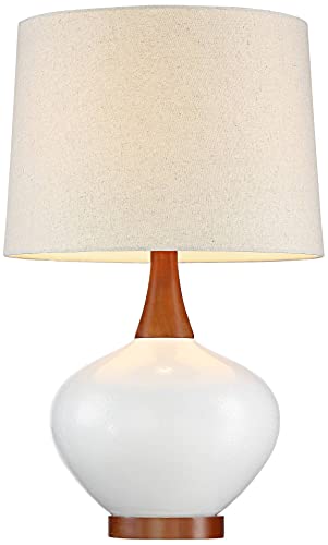 360 Lighting Brice Mid Century Modern Accent Table Lamp 23" High Ivory Ceramic Wood Neck Off White Tapered Drum Shade for Bedroom Living Room House Home Bedside Nightstand Office Family