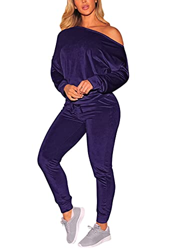 Meenew Damen Off One Shoulder 2 Piece Casual Sweatsuit Samt Trainingsanzug Jogger Sets, Violett, Medium Cover