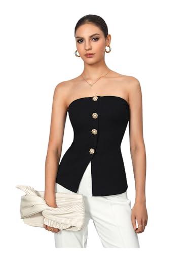 OYOANGLE Summer Going Out Tops for Women 2025 Button Front Sleeveless Strapless Tube Top4