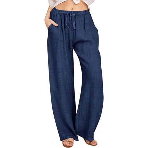 Womens Linen Pants Casual Palazzo Pant Flowy Long Pants Loose Wide Leg Pant Summer Beach Linen Trousers with Pockets