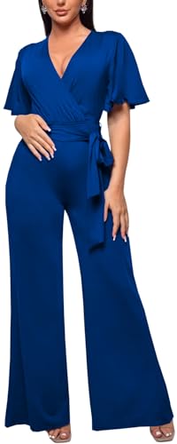 Image of PaladMom Womens Elegant Plus Size Jumpsuits Sexy Back zipper Short Sleeve Mid Waist Wide Leg Straight Rompers