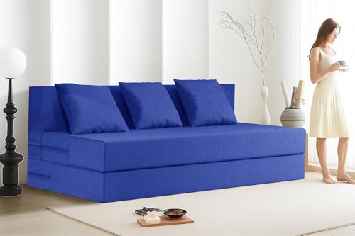 Image of Rosebell Three-Person Jute Sofa Cum Bed | Compact & Lightweight | Removable Washable Cover- Including 3 Cushion | 5x6 Ft Size | Home or Office - Blue Color